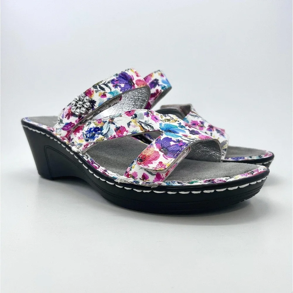 Alegria Loti Blooms Floral Leather Wedge Sandals EU 37 US 7-7.5 Comfort NWOB